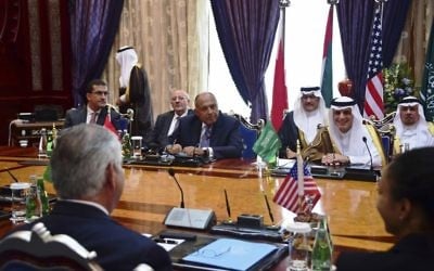 US Secretary of State Rex Tillerson, left, participates in a ministerial meeting with the foreign ministers of Bahrain, Egypt, Saudi Arabia, and the United Arab Emirates, in Jiddah, Saudi Arabia, Wednesday, July 12, 2017. (US State Department, via AP)