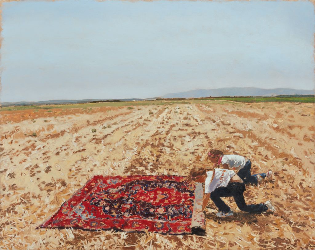 Fatma Shanan typically uses her family members and friends as figures in her paintings, as she did in 'Razan and Edan 2012' (Courtesy Fatma Shanan)
