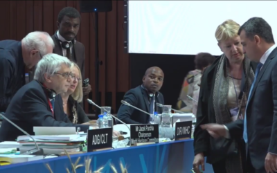 Israel's ambassador to UNESCO Carmel Shama-Hacohen (R) protests a vote to declare Hebron's Old City, including the Tomb of the Patriarchs, an endangered Palestinian heritage site, on July 7, 2017 (Screenshot/ UNESCO)