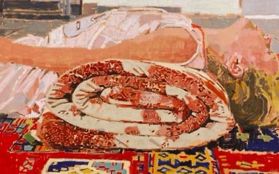 One of Fatma Shanan's iconic paintings, featuring the ever-present rug, rolled up and serving as the pillow for her niece (Courtesy Fatma Shanan)