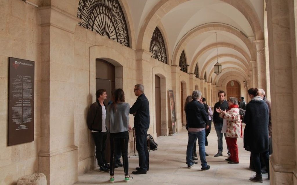 Visitors wait at the entrance of the Flagellation Monastery, off the Via Dolorosa in Jerusalem's Old City, for the Archaeology and Multimedia exhibition. (Courtesy of Tamschick Media) Visitors wait at the entrance of the Flagellation Monastery, off the Via Dolorosa in Jerusalem's Old City, for the Archaeology and Multimedia exhibition. (Courtesy of Tamschick Media)