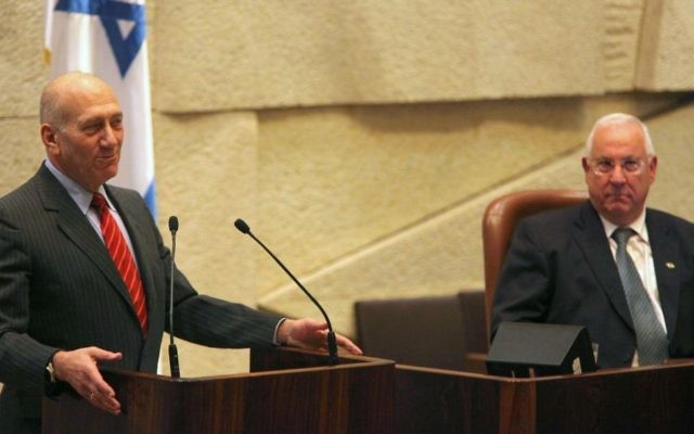 Then-prime minister Ehud Olmert speaks during the appointment of Reuven Rivlin as Knesset speaker, March 30, 2009. (Kobi Gideon/Flash 90) Then-prime minister Ehud Olmert speaks during the appointment of Reuven Rivlin as Knesset speaker, March 30, 2009. (Kobi Gideon/Flash 90)