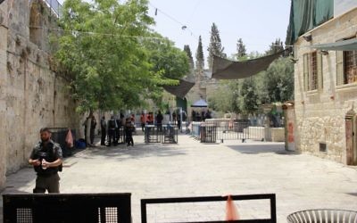 Metal detectors set up by police leading into the Temple Mount in the Old City of Jerusalem, July 21, 2017. (Judah Ari Gross/Times of Israel)