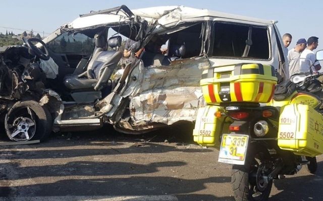 The scene of car crash on Route 6235, near the settlement of Shaked in the northern West Bank on July 19, 2017. (Magen David Adom) The scene of car crash on Route 6235, near the settlement of Shaked in the northern West Bank on July 19, 2017. (Magen David Adom)
