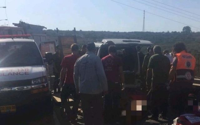 The scene of car crash on Route 6235, near the settlement of Shaked in the northern West Bank on July 19, 2017. (Magen David Adom)