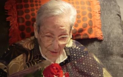 Margaret 'Gretel' Bergmann-Lambert, Jewish high jumper banned from 1936 Berlin Olympics, celebrates her 103rd birthday on April 12, 2017. (Screen capture: YouTube)