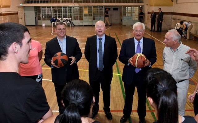 US Middle East peace envoy Jason Greenblatt (C) and US Ambassador David Friedman (to his right) meet with Israeli and Palestinian basketball coaches in Jerusalem, July 11, 2017. (Matty Stern/US Embassy, Tel Aviv) US Middle East peace envoy Jason Greenblatt (C) and US Ambassador David Friedman (to his right) meet with Israeli and Palestinian basketball coaches in Jerusalem, July 11, 2017. (Matty Stern/US Embassy, Tel Aviv)