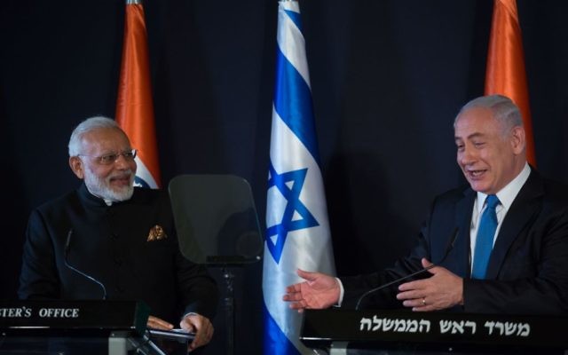 Israeli Prime Minister Benjamin Netanyahu, right, meets with his Indian counterpart Narendra Modi at the King David Hotel in Jerusalem, July 5, 2017. (Hadas Parush/Fash90) Israeli Prime Minister Benjamin Netanyahu, right, meets with his Indian counterpart Narendra Modi at the King David Hotel in Jerusalem, July 5, 2017. (Hadas Parush/Fash90)