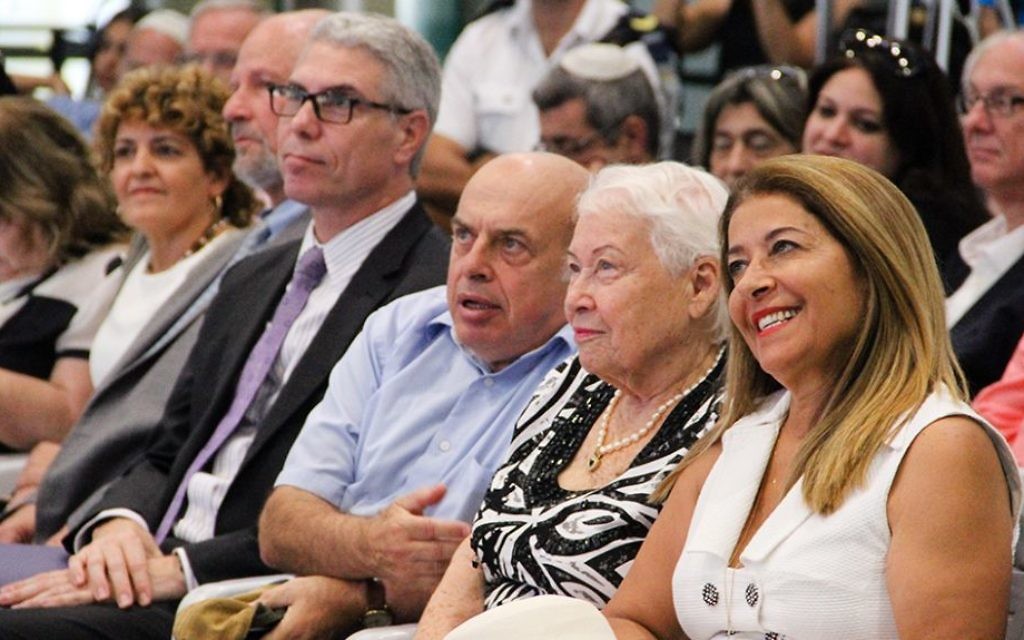Froma Gallant with Natan Sharansky at the Exodus memorial, July 18, 2017. (Times of Israel/Laura Ben-David)