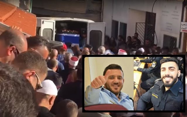 Screenshot from the funeral of Haiel Sitawe, 30, in Maghar in northern Israel. Inset: Master Sgt. Kamil Shnaan, left, and Master Sgt. Sitawe, right, the police officers killed in the terror attack next to the Temple Mount complex in Jerusalem on July 14, 2017. (Israel Police)