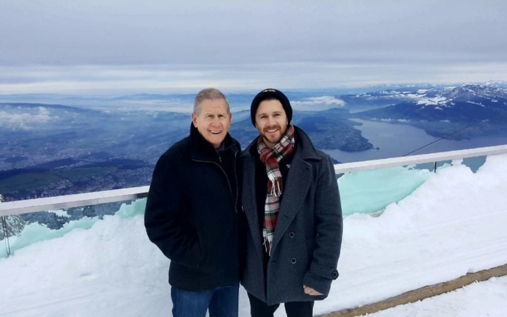 Jeffrey Kriezelman, left, a lawyer and avid outdoorsman, credits his doctor son Justin, right, with spotting the cancerous lesion on his vertebrae that led to his early diagnosis of multiple myeloma. (Courtesy of Jeffrey Kriezelman/via JTA) Jeffrey Kriezelman, left, a lawyer and avid outdoorsman, credits his doctor son Justin, right, with spotting the cancerous lesion on his vertebrae that led to his early diagnosis of multiple myeloma. (Courtesy of Jeffrey Kriezelman/via JTA)