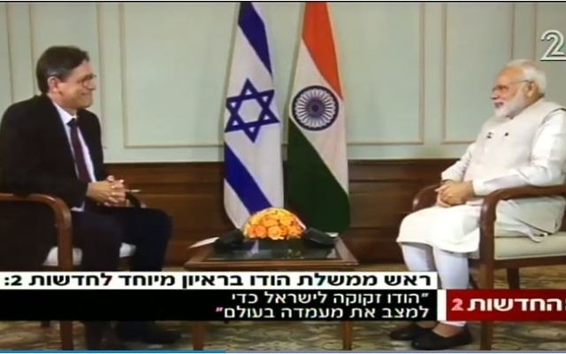 Indian Prime Minister Narendra Modi (R) is interviewed by Channel 2's Arad Nir on July 3, 2017. (Screen capture/Channel 2)