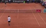 A neo-Nazi protester (top left) interrupts a tennis match in the Swedish Open on Saturday, July 22, 2017 (screen capture: Expressen.se)