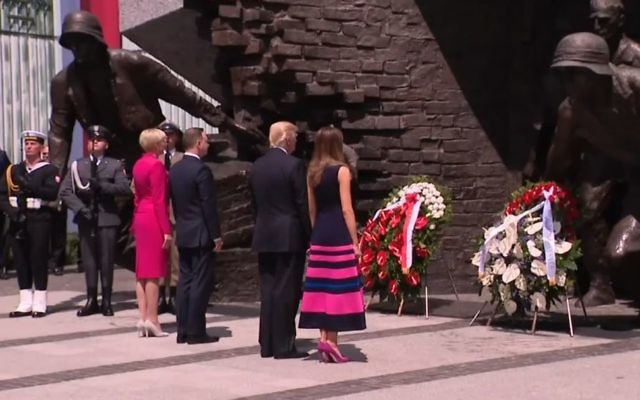 Donald Trump lays a wreath at the Warsaw Ghetto uprising memorial on July 6, 2017. (screen capture: White House)