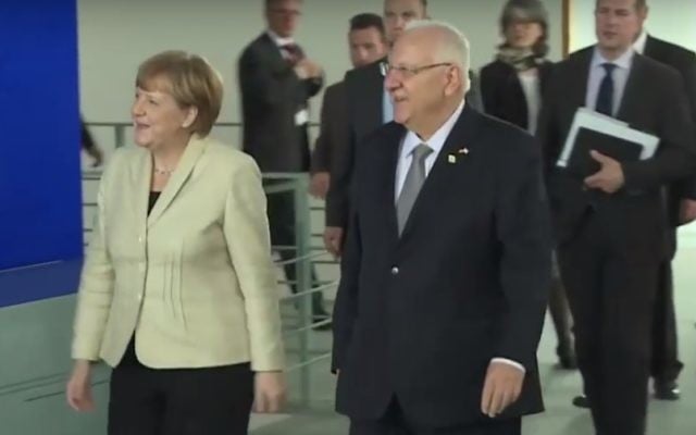 President Reuven Rivlin with German Chancellor Angela Merkel in Berlin, May 12, 2015. (YouTube screenshot) President Reuven Rivlin with German Chancellor Angela Merkel in Berlin, May 12, 2015. (YouTube screenshot)