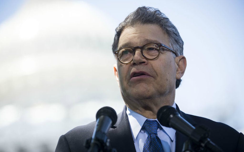 Sen. Al Franken speaking outside the Capitol, June 9, 2016. (Gabriella Demczuk/Getty Images/via JTA) Sen. Al Franken speaking outside the Capitol, June 9, 2016. (Gabriella Demczuk/Getty Images/via JTA)