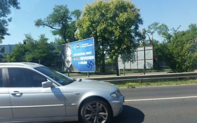 An anti-Soros billboard with a swastika and Soros's name replaced by Viktor Orban's, seen in Budapest on July 17, 2017. (Raphael Ahren/Times of Israel)