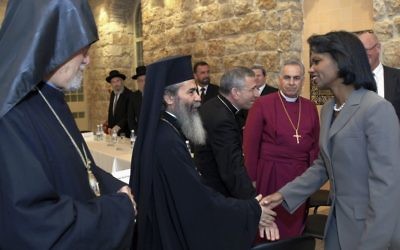 In this photo made available by the US Embassy in Tel Aviv, US Secretary of State Condoleezza Rice, right, meets with the Greek Patriarch Theophilus lll and other Jerusalem religious leaders at the US consulate in Jerusalem, October 5, 2007. (AP Photo/U.S. Embassy, Matty Stern, HO) In this photo made available by the US Embassy in Tel Aviv, US Secretary of State Condoleezza Rice, right, meets with the Greek Patriarch Theophilus lll and other Jerusalem religious leaders at the US consulate in Jerusalem, October 5, 2007. (AP Photo/U.S. Embassy, Matty Stern, HO)
