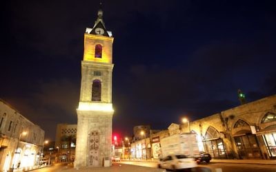 Night view of the clock tower at the entrance to Jaffa, June 30, 2008. (Miriam Alster/Flash90)