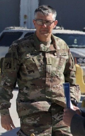This file photo, taken on February 20, 2017, shows Lieutenant General Stephen Townsend, commander of the US-led operation against the Islamic State (IS) group, in the Iraqi capital Baghdad. (AFP PHOTO / Thomas WATKINS)