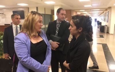 Zionist Union MK Ksenia Svetlova (L) with Yazidi survivor of the Islamic State Nadia Murad in the Knesset, on July 24, 2017. (courtesy)