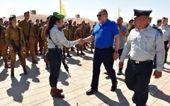 Defense Minister Avigdor Liberman attends the inauguration of the IDF's new combat training base for mixed-gender units in the Negev desert on August 16, 2017. (Ariel Hermoni/Defense Ministry)