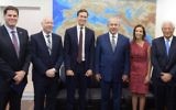 L-R: Israeli Ambassador to the US Ron Dermer, US President Donald Trump's Middle East envoy Jason Greenblatt, White House Senior Adviser Jared Kushner, Prime Minister Benjamin Netanyahu, US Deputy National Security Adviser for Strategy Dina Powell and US Ambassador to Israel David Friedman meet in Tel Aviv on August 24, 2017.  (Amos Ben Gershom/GPO)