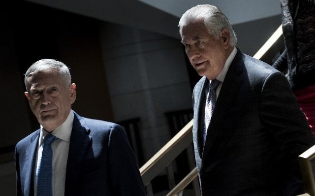 This photo taken on August 2, 2017, shows US Secretary of Defense James Mattis (L) and US Secretary of State Rex Tillerson (R) arriving for a closed meeting of the Senate Foreign Relations Committee on Capitol Hill in Washington, DC. (Brendan Smialowski/AFP)