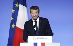 French President Emmanuel Macron looks on as he adresses French ambassadors during the annual gathering of French diplomatic corps at the Elysee Palace in Paris, August 29, 2017. (AFP/POOL/YOAN VALAT)