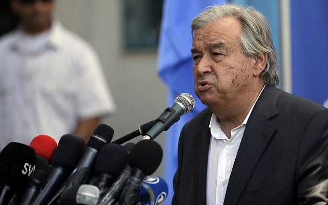United Nations Secretary General Antonio Guterres delivers a statement to the media, during a visit to a UN School in Beit Lahiya in the northern Gaza Strip, August 30, 2017. (AFP/MAHMUD HAMS) United Nations Secretary General Antonio Guterres delivers a statement to the media, during a visit to a UN School in Beit Lahiya in the northern Gaza Strip, August 30, 2017. (AFP/MAHMUD HAMS)
