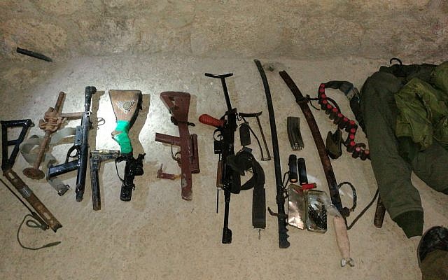 Weapons that were found by soldiers during a raid in the village of al-Arush in the West Bank on August 31, 2017. (Israel Defense Forces) Weapons that were found by soldiers during a raid in the village of al-Arush in the West Bank on August 31, 2017. (Israel Defense Forces)