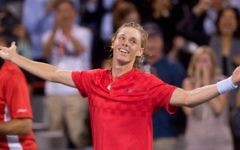 Denis Shapovalov, of Canada, salutes the crowd after defeating Rafael Nadal, of Spain, 3-6, 6-4, 7-6 (4) at the Rogers Cup tennis tournament Thursday, Aug. 10, 2017, in Montreal. (Paul Chiasson/The Canadian Press via AP)
