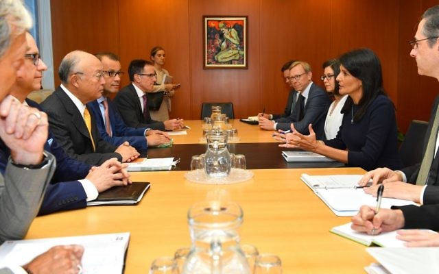 IAEA Director General Yukiya Amano, center left, meeting with US Ambassador Nikki Haley, center right at the IAEA headquarters in Vienna, Austria on August 23 2017. (Dean Calma / IAEA) IAEA Director General Yukiya Amano, center left, meeting with US Ambassador Nikki Haley, center right at the IAEA headquarters in Vienna, Austria on August 23 2017. (Dean Calma / IAEA)