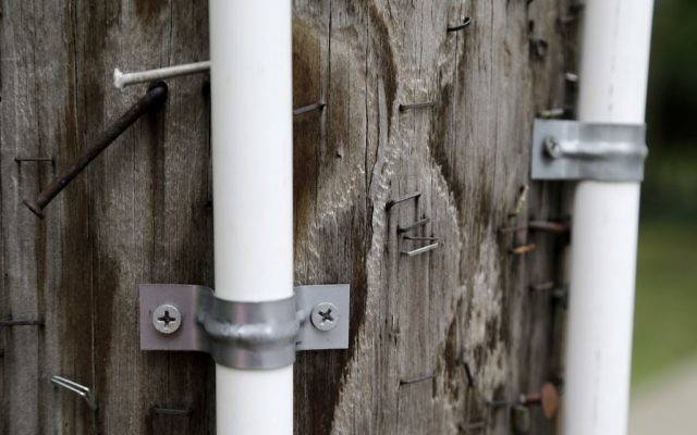 In this Saturday, Aug. 5, 2017, photo, polyvinyl chloride piping is seen on an utility pole on Airmount Road in Mahwah, New Jersey. (AP Photo/Julio Cortez) In this Saturday, Aug. 5, 2017, photo, polyvinyl chloride piping is seen on an utility pole on Airmount Road in Mahwah, New Jersey. (AP Photo/Julio Cortez)