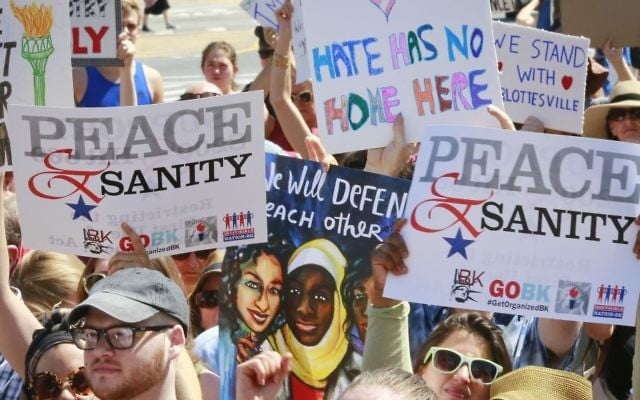 Illustrative: Protesters listen during a 'Peace and Sanity' rally Sunday Aug. 13, 2017, in the Brooklyn borough of New York, during a rally about white supremacy violence in Charlottesville, Va. (AP/Bebeto Matthews) Illustrative: Protesters listen during a 'Peace and Sanity' rally Sunday Aug. 13, 2017, in the Brooklyn borough of New York, during a rally about white supremacy violence in Charlottesville, Va. (AP/Bebeto Matthews)