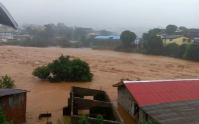 Mud and water flow in Freetown, Sierra Leone, on August 14, 2017. (Society 4 Climate Change Communication, Sierra Leone via AP)