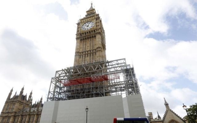 Scaffolding is erected around the Elizabeth Tower, which includes the landmark 'Big Ben' clock, as part of ongoing conservation efforts at the Palace of Westminster in London, August 3, 2017. (AP/Caroline Spiezio) Scaffolding is erected around the Elizabeth Tower, which includes the landmark 'Big Ben' clock, as part of ongoing conservation efforts at the Palace of Westminster in London, August 3, 2017. (AP/Caroline Spiezio)