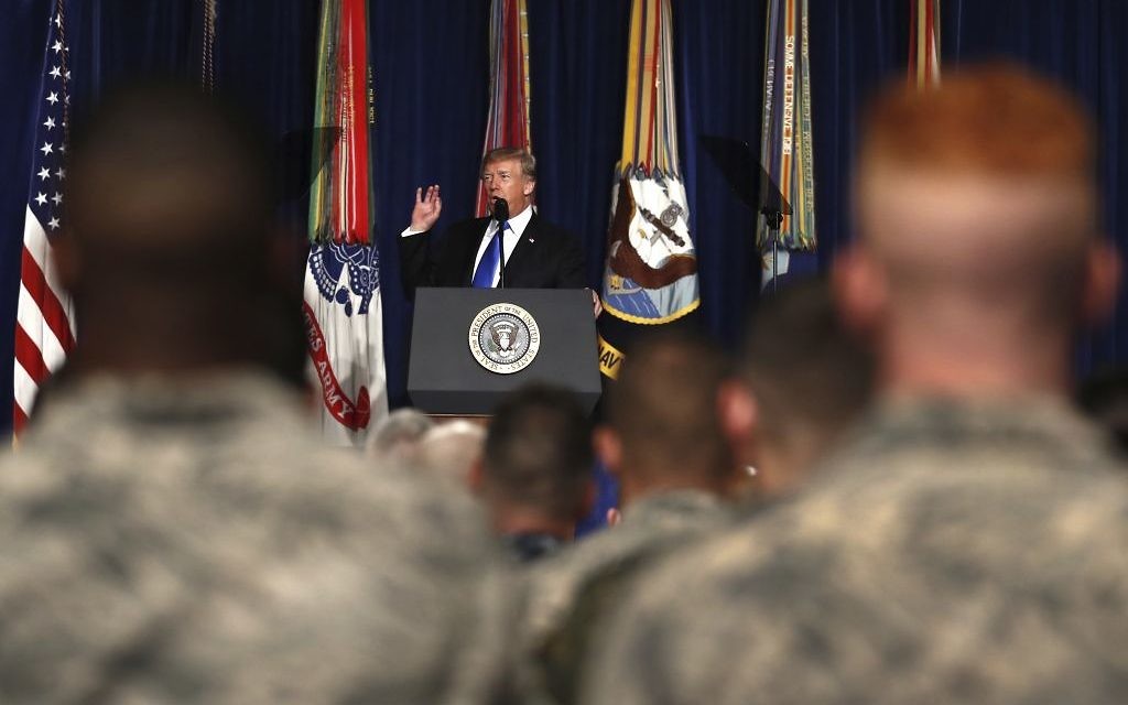 US President Donald Trump speaks at Fort Myer in Arlington Virginia, August 21, 2017, during a Presidential Address to the Nation about a strategy he believes will best position the US to eventually declare victory in Afghanistan. (AP Photo/Carolyn Kaster) US President Donald Trump speaks at Fort Myer in Arlington Virginia, August 21, 2017, during a Presidential Address to the Nation about a strategy he believes will best position the US to eventually declare victory in Afghanistan. (AP Photo/Carolyn Kaster)