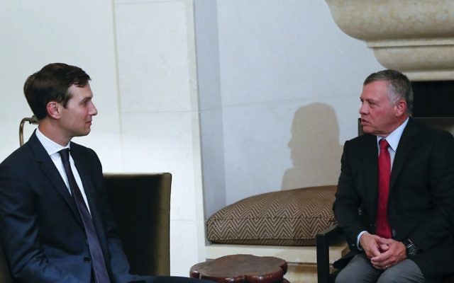 King Abdullah II, right, receives White House adviser, Jared Kushner, on August 22, 2017, in Amman, Jordan. (The Royal Hashemite Court Twitter via AP) King Abdullah II, right, receives White House adviser, Jared Kushner, on August 22, 2017, in Amman, Jordan. (The Royal Hashemite Court Twitter via AP)