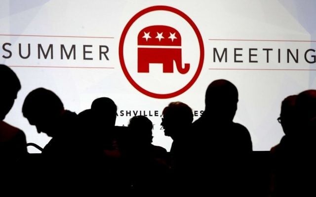 People talk before the start of the meeting of the standing committee on rules at the Republican National Committee summer meeting, Thursday, Aug. 24, 2017, in Nashville, Tennessee. (AP Photo/Mark Humphrey)