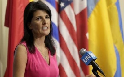 United States Ambassador to the United Nations Nikki Haley speaks to reporters at U.N. headquarters, Friday, Aug. 25, 2017. (AP Photo/Seth Wenig)