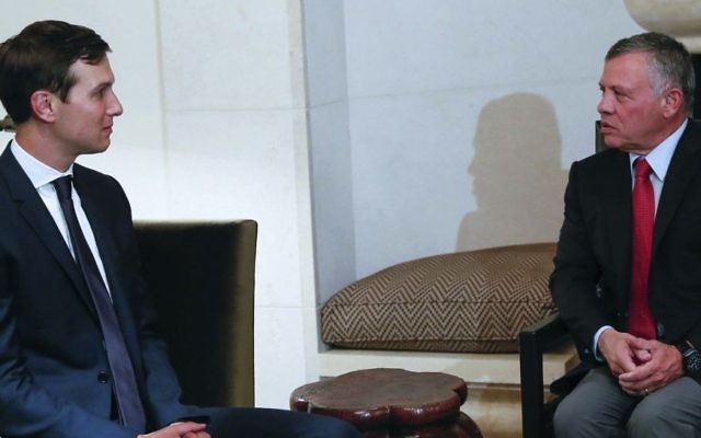King Abdullah II, right, receives White House adviser, Jared Kushner, Tuesday, Aug. 22, 2017, in Amman, Jordan. (The Royal Hashemite Court Twitter via AP) King Abdullah II, right, receives White House adviser, Jared Kushner, Tuesday, Aug. 22, 2017, in Amman, Jordan. (The Royal Hashemite Court Twitter via AP)