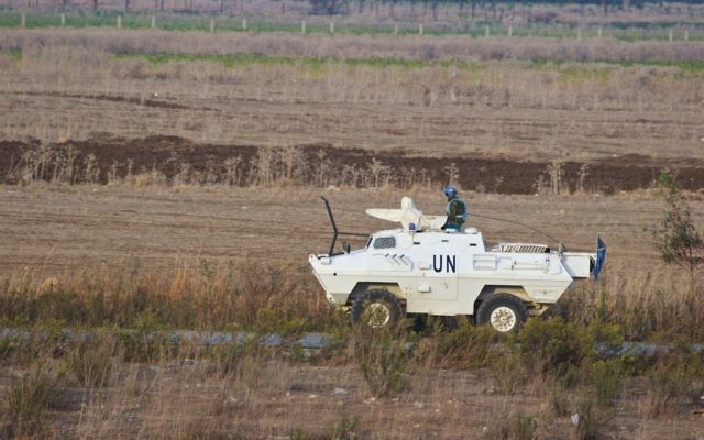 UN soldiers patrol on the Lebanese side of the border with Israel near Metula, in northern Israel, November 10, 2016. (Doron Horowitz/Flash90) UN soldiers patrol on the Lebanese side of the border with Israel near Metula, in northern Israel, November 10, 2016. (Doron Horowitz/Flash90)