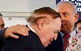 American billionaire Sheldon Adelson (left), with Prime Minister Benjamin Netanyahu, at a ceremony at Ariel University in the West Bank, on June 28, 2017. (Ben Dori/Flash90)