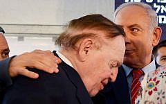 American billionaire Sheldon Adelson (left), with Prime Minister Benjamin Netanyahu, at a ceremony at Ariel University in the West Bank, on June 28, 2017. (Ben Dori/Flash90)