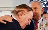 American Jewish billionaire Sheldon Adelson seen with Prime Minister Benjamin Netanyahu at a ceremony at Ariel University in the West Bank on June 28, 2017. (Ben Dori/Flash90)