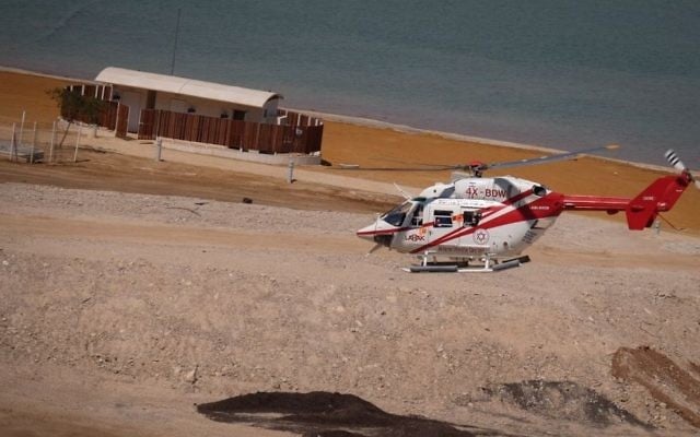 Illustrative: A helicopter evacuates people who suffered from deyhdration at the Dead Sea following a heavy heat wave, in southern Israel, on July 3, 2017. Photo by Gershon Elinson/Flash90 Illustrative: A helicopter evacuates people who suffered from deyhdration at the Dead Sea following a heavy heat wave, in southern Israel, on July 3, 2017. Photo by Gershon Elinson/Flash90