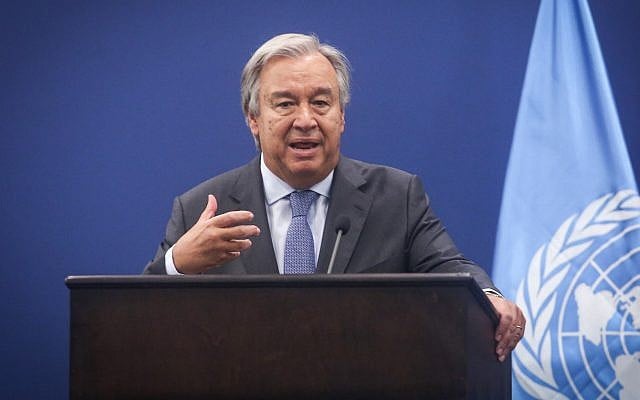 Secretary-General of the United Nations Antonio Guterres at a joint press conference with prime minister of Palestinian Authority Rami Hamdallah in the West Bank city of Ramallah on August 29, 2017. (Flash90) Secretary-General of the United Nations Antonio Guterres at a joint press conference with prime minister of Palestinian Authority Rami Hamdallah in the West Bank city of Ramallah on August 29, 2017. (Flash90)