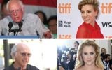 Top left, clockwise, Bernie Sanders, Scarlett Johansson, Amy Schumer and Larry David are among the Jewish celebrities learning about their ancestry in the upcoming season of “Finding Your Roots With Henry Louis Gates.” (Sanders photo: George Frey/Getty Images; Johansson photo: C Flanigan/FilmMagic; Schumer photo: Larry Busacca/Getty Images; David photo: Albert L. Ortega/PR Photos)