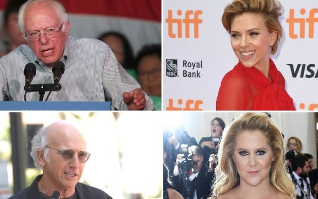 Top left, clockwise, Bernie Sanders, Scarlett Johansson, Amy Schumer and Larry David are among the Jewish celebrities learning about their ancestry in the upcoming season of “Finding Your Roots With Henry Louis Gates.” (Sanders photo: George Frey/Getty Images; Johansson photo: C Flanigan/FilmMagic; Schumer photo: Larry Busacca/Getty Images; David photo: Albert L. Ortega/PR Photos)